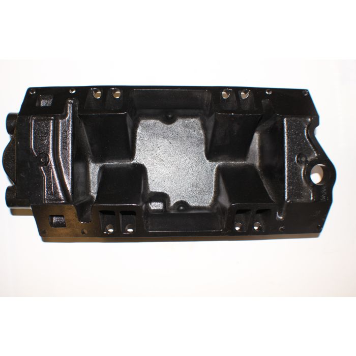 Black lower manifold intake for Indmar engines, with mounting holes and internal chambers for airflow.