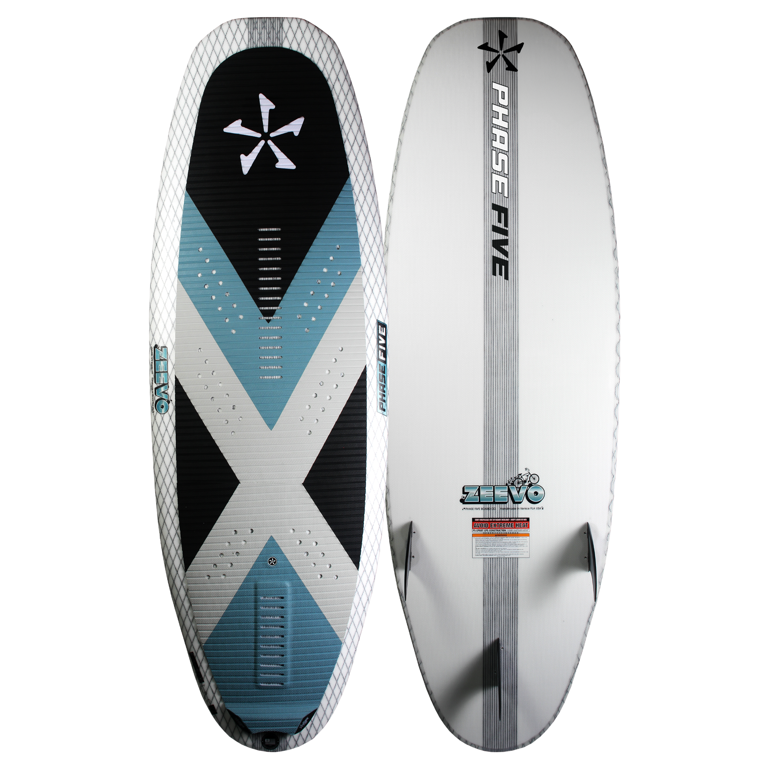 2025 Zeevo Phase 5 surfboard with a white, black, and blue design, featuring traction pads and fins for surfing.