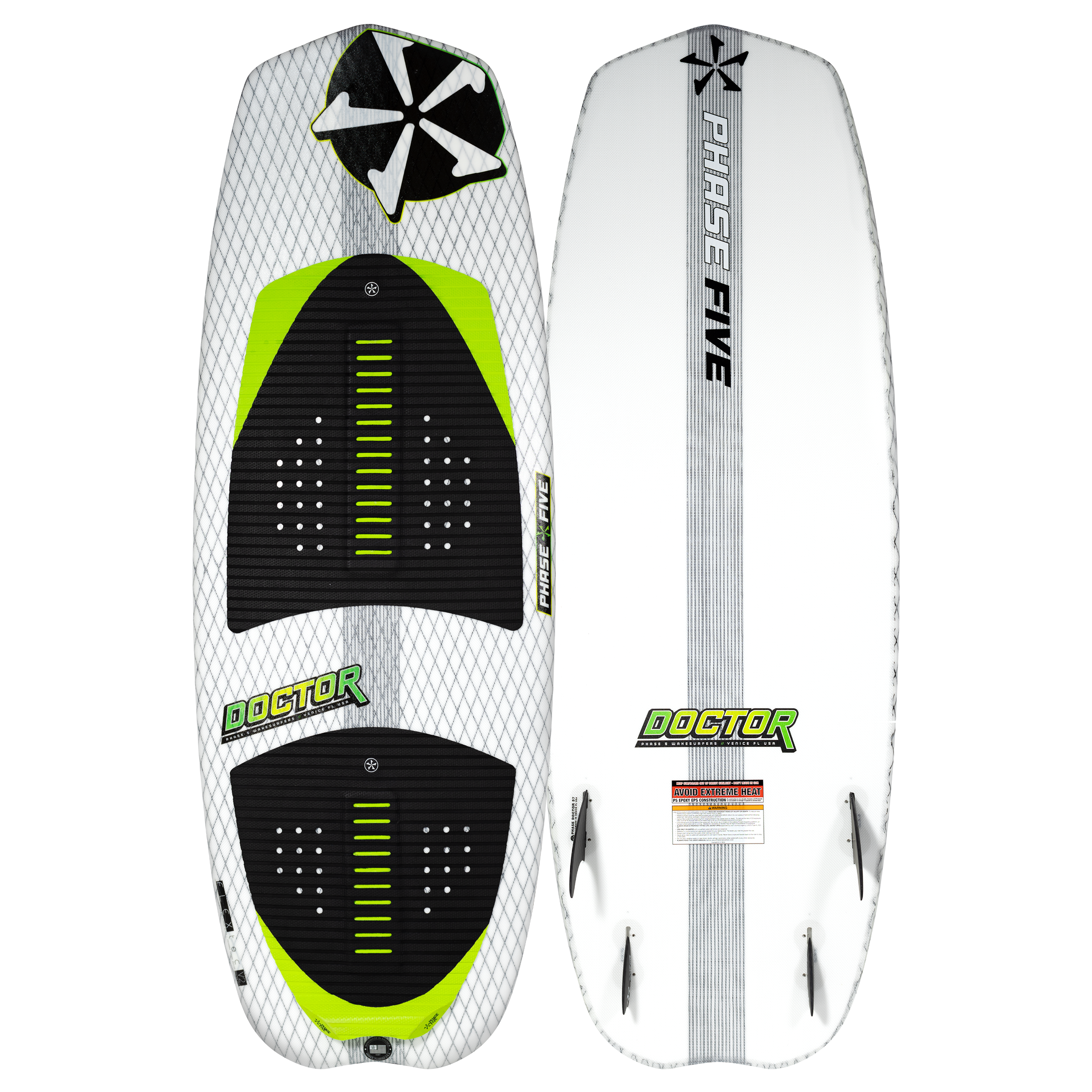 2025 Phase 5 Doctor surfboard featuring a sleek design with black, green, and white colors, ideal for performance riding.