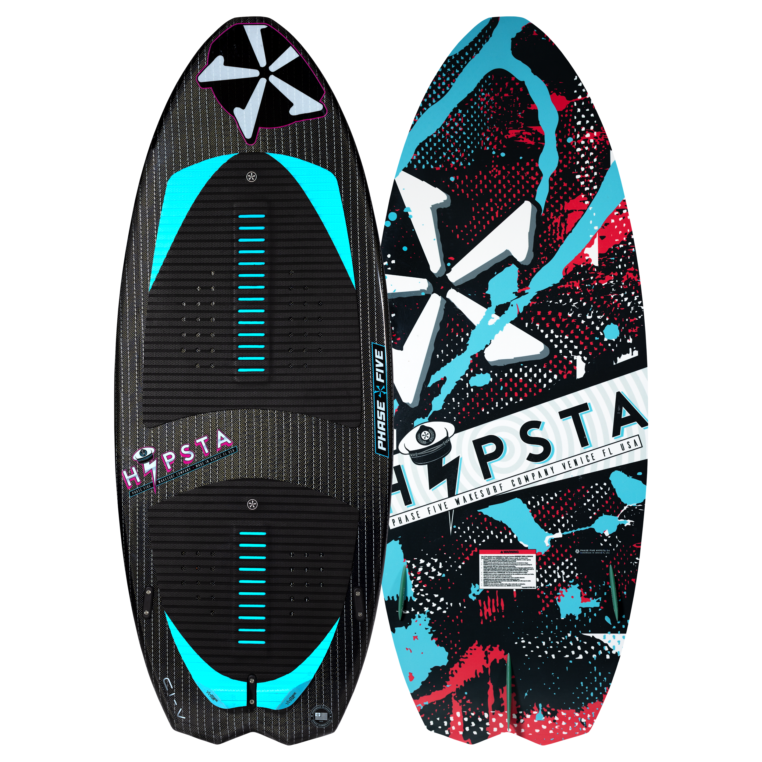 2025 Phase 5 Hypsta skim board featuring a vibrant design with a black, blue, and red color scheme.