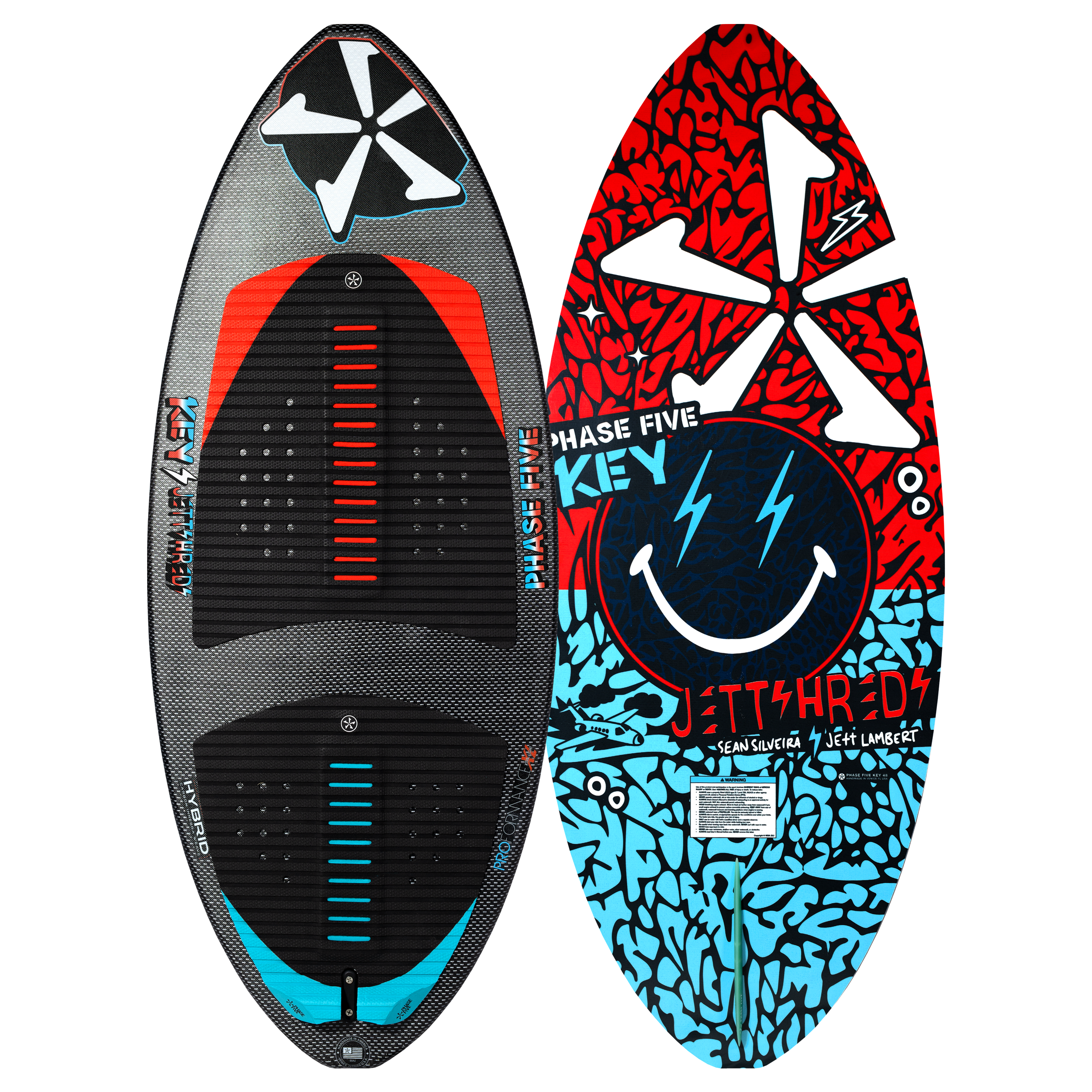 2025 Phase 5 Key Jett Shreds skim board with vibrant red, blue, and black graphics, featuring a smiley face and bold text design.