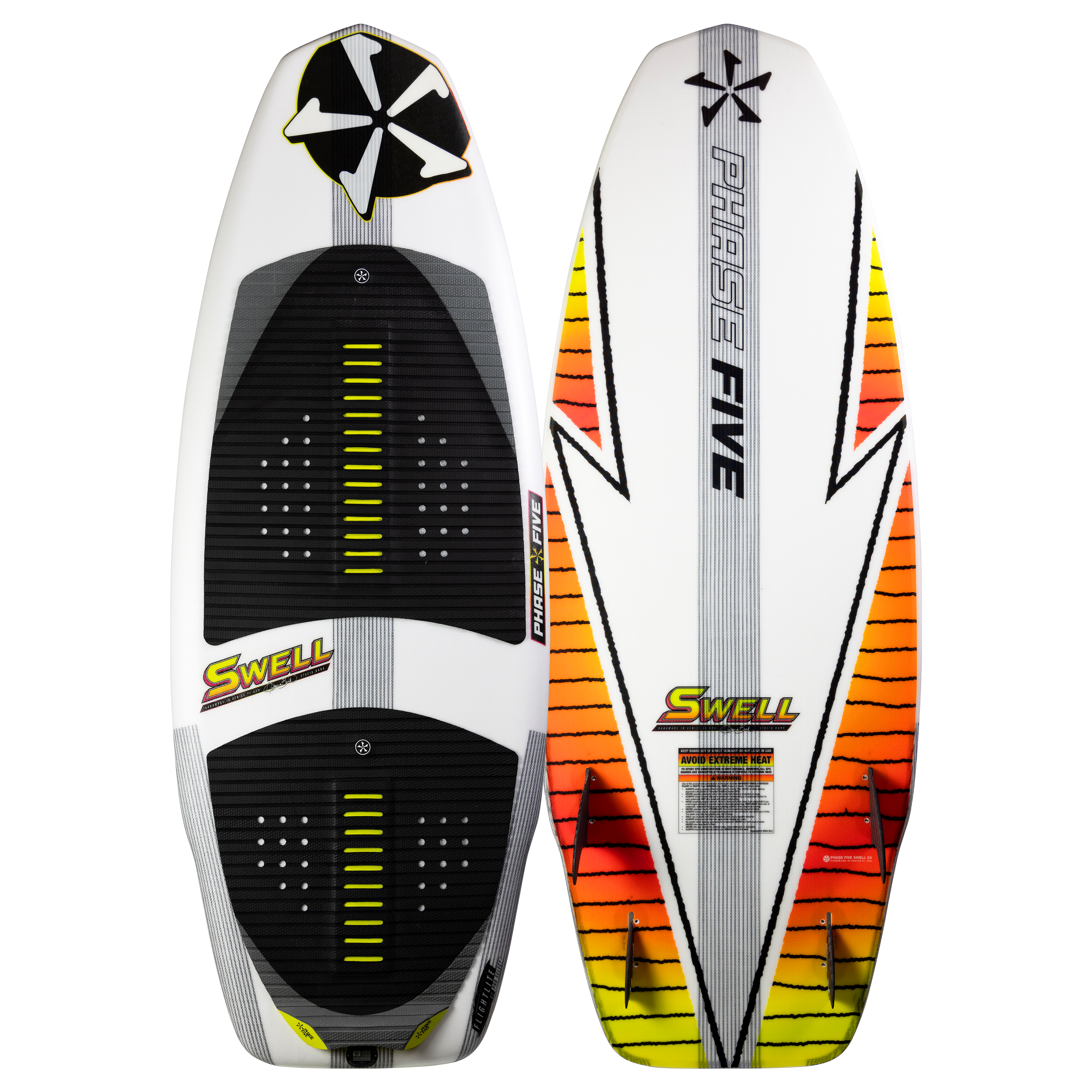 2025 Phase 5 Swell Surf Board with white, black, and orange design, featuring traction pads and fins for surfing.