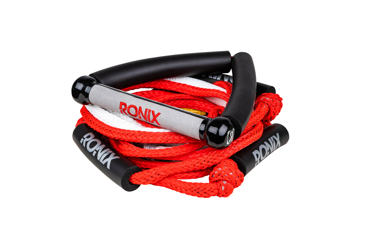 2025 Ronix Bungee Surf Rope with handle, featuring red and white braided cords and black foam grips for water sports.