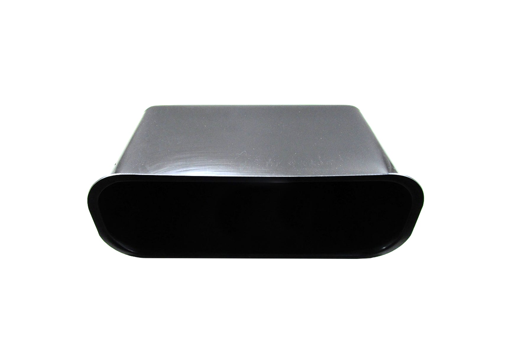 A sleek, black rectangular trash bin with rounded edges, viewed from the front against a white background.