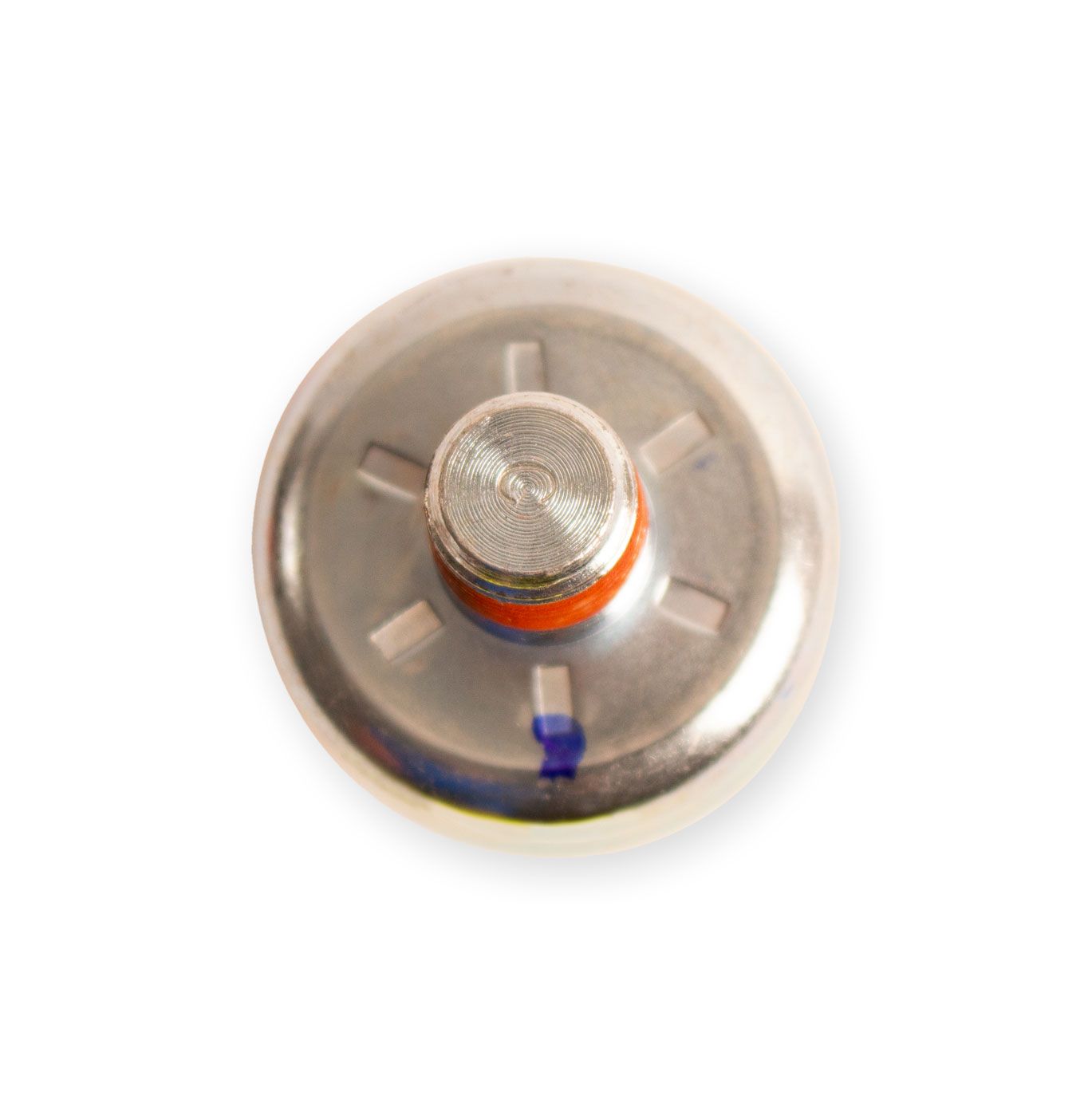 Indmar knock sensor with metallic body and orange and blue markings, viewed from above on a white background.