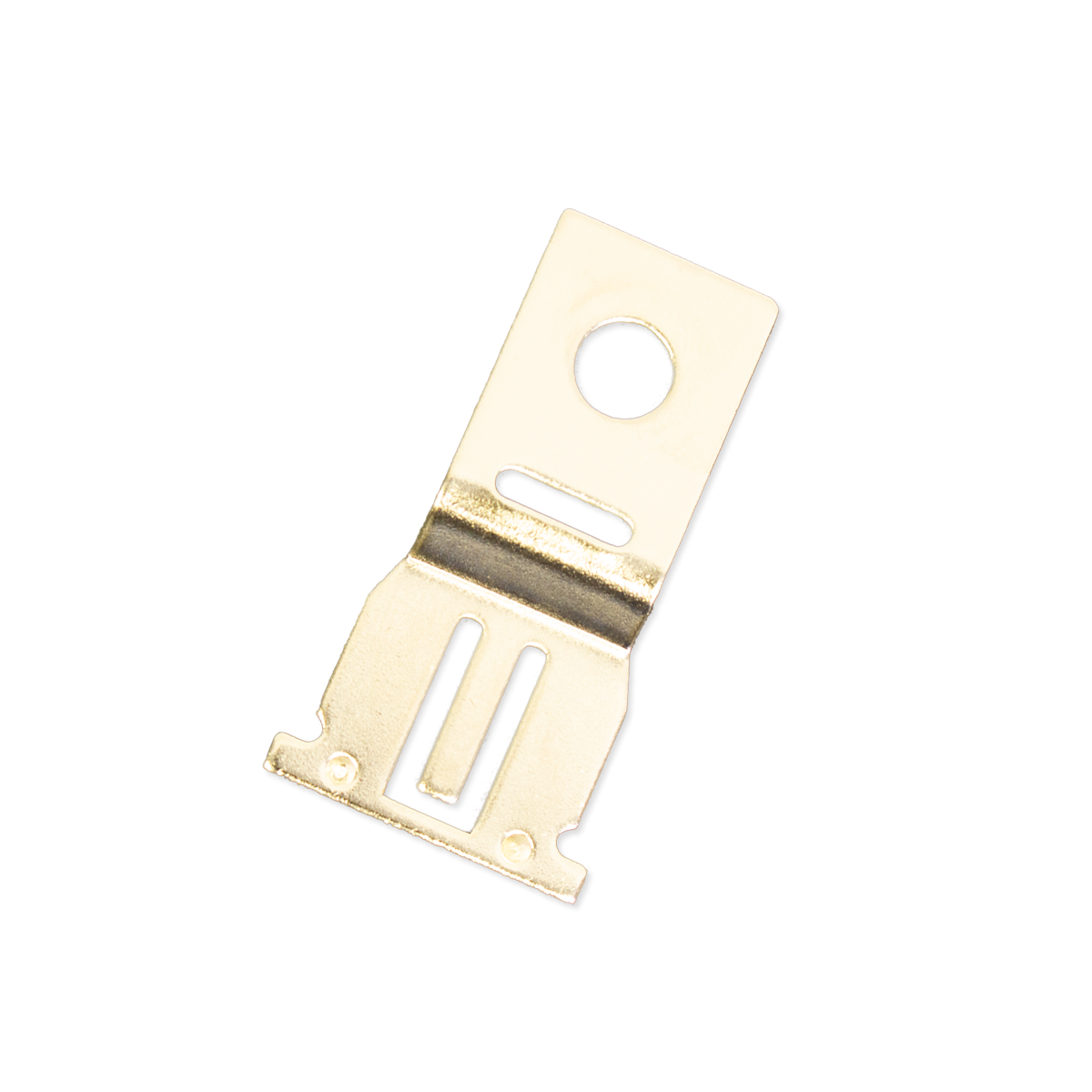 Gold-colored Indmar relay mounting bracket with multiple slots and a circular hole for secure installation.