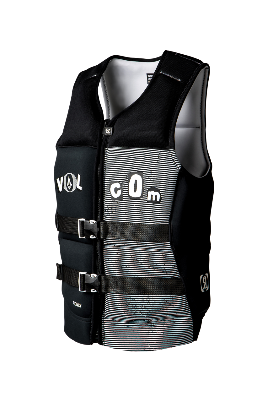 2025 Ronix Volcom Capella 3.0 vest, black and white design, with adjustable straps and logo details, for wakeboarding safety.