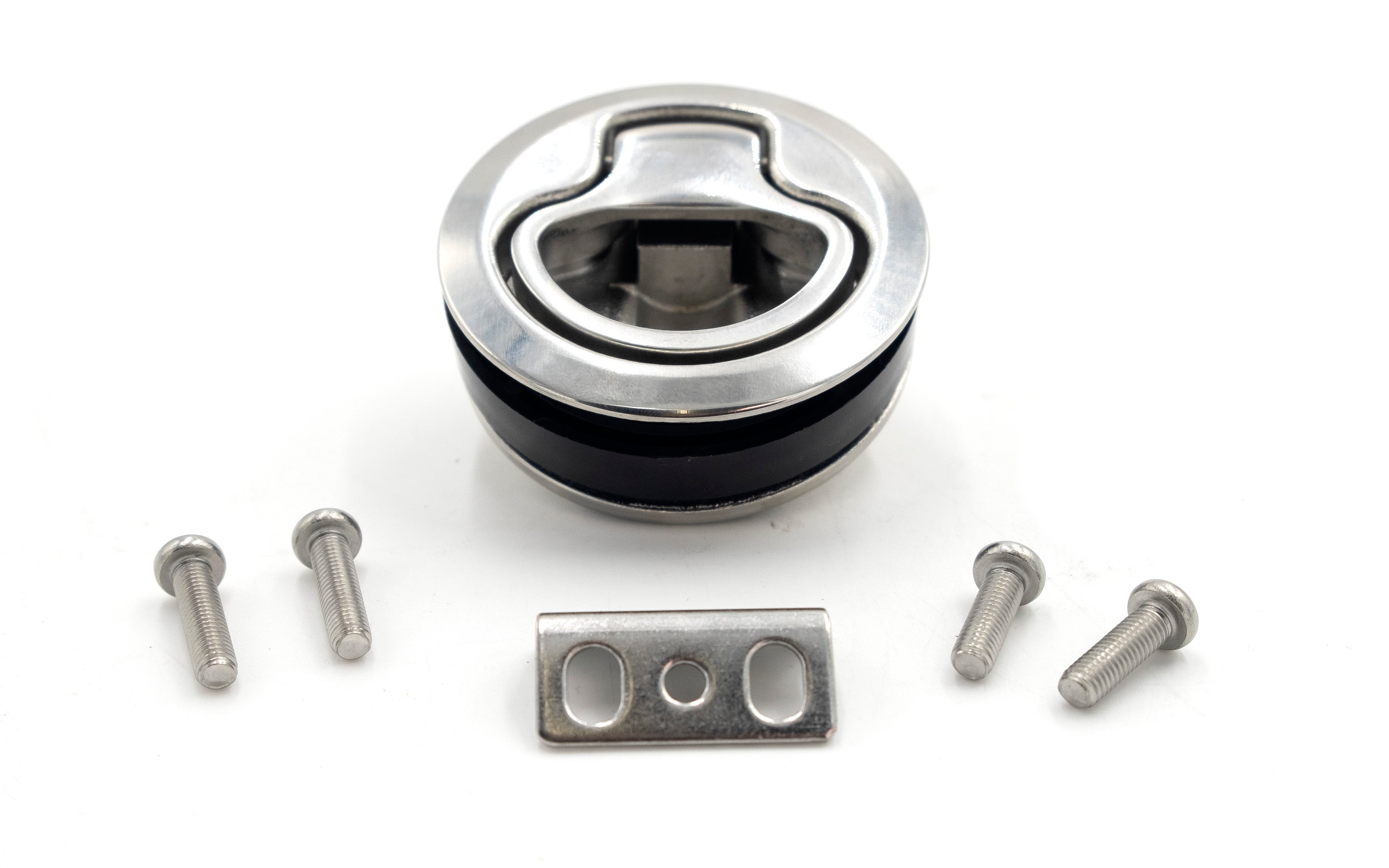 Wedge access door latch with mounting screws and metal bracket, designed for secure panel or door access.