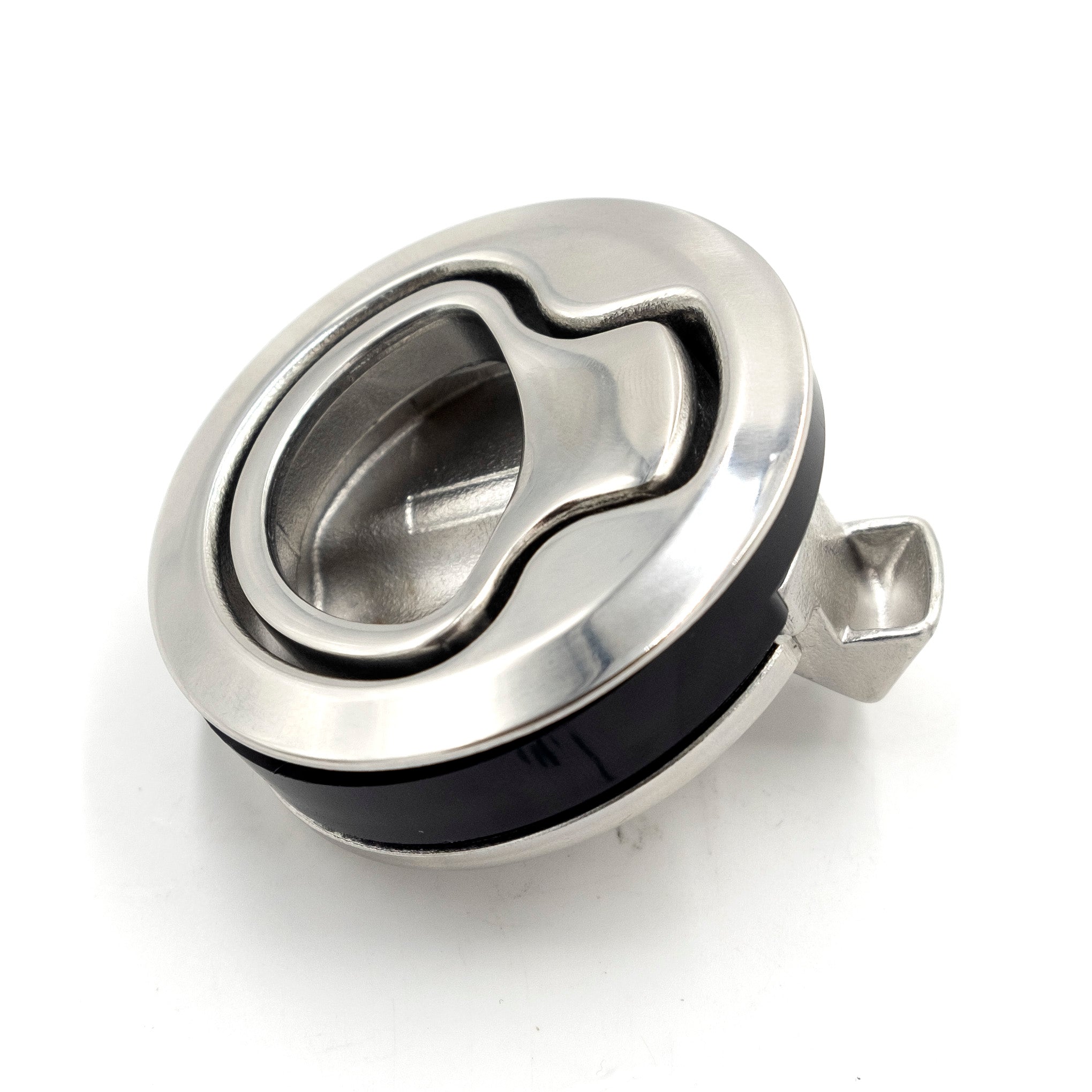 Wedge access door latch with a metal body, black rubber seal, and a key lock mechanism for secure access.