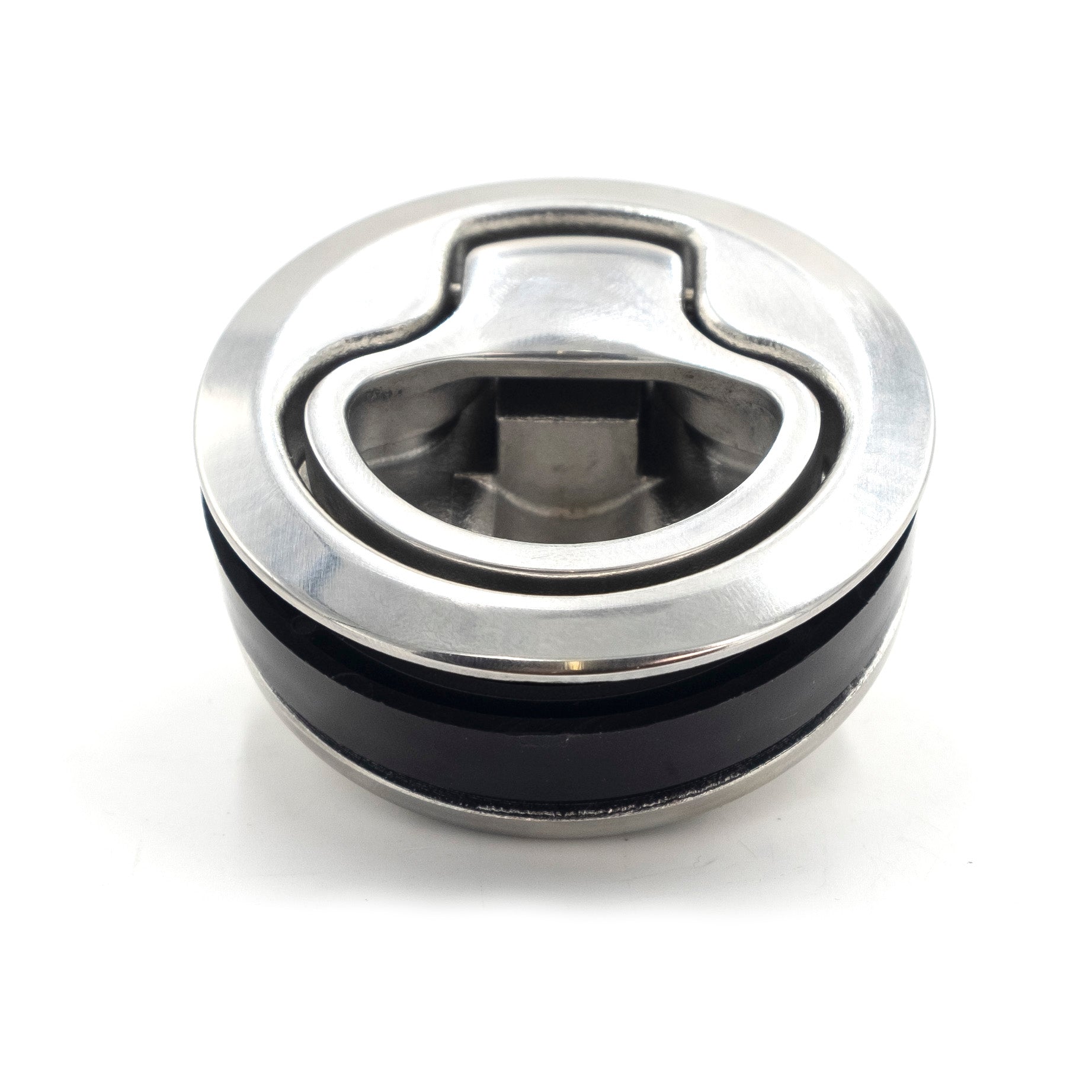 Wedge access door latch with metal and black components, designed for secure door closure and easy access.