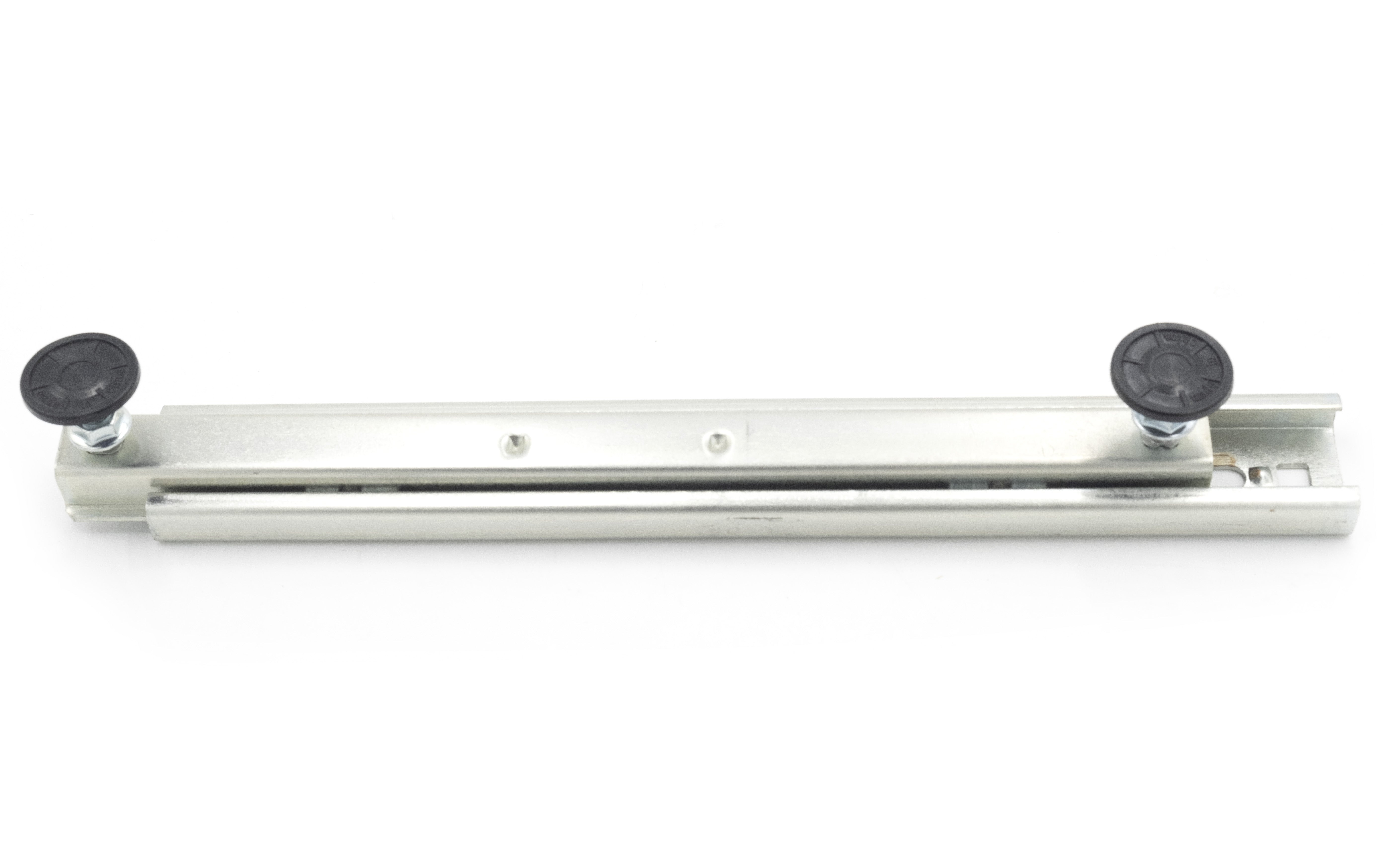 Aluminum seat slide track with adjustable black rubber feet for smooth, secure seat movement and positioning.