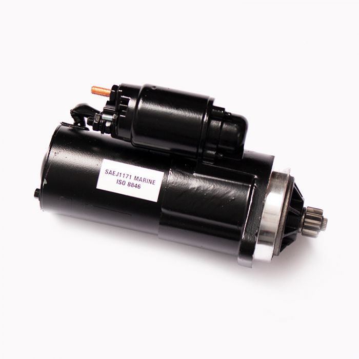 Ford/Chevy top mount starter motor for marine engines, black finish, durable construction, with mounting and electrical connections.