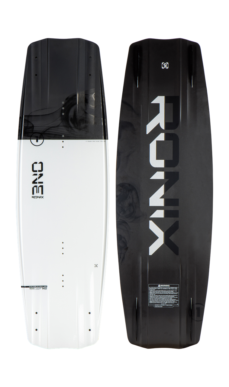 2024 Ronix One Legacy Core Wakeboard featuring a sleek black and white design for optimal performance on water.
