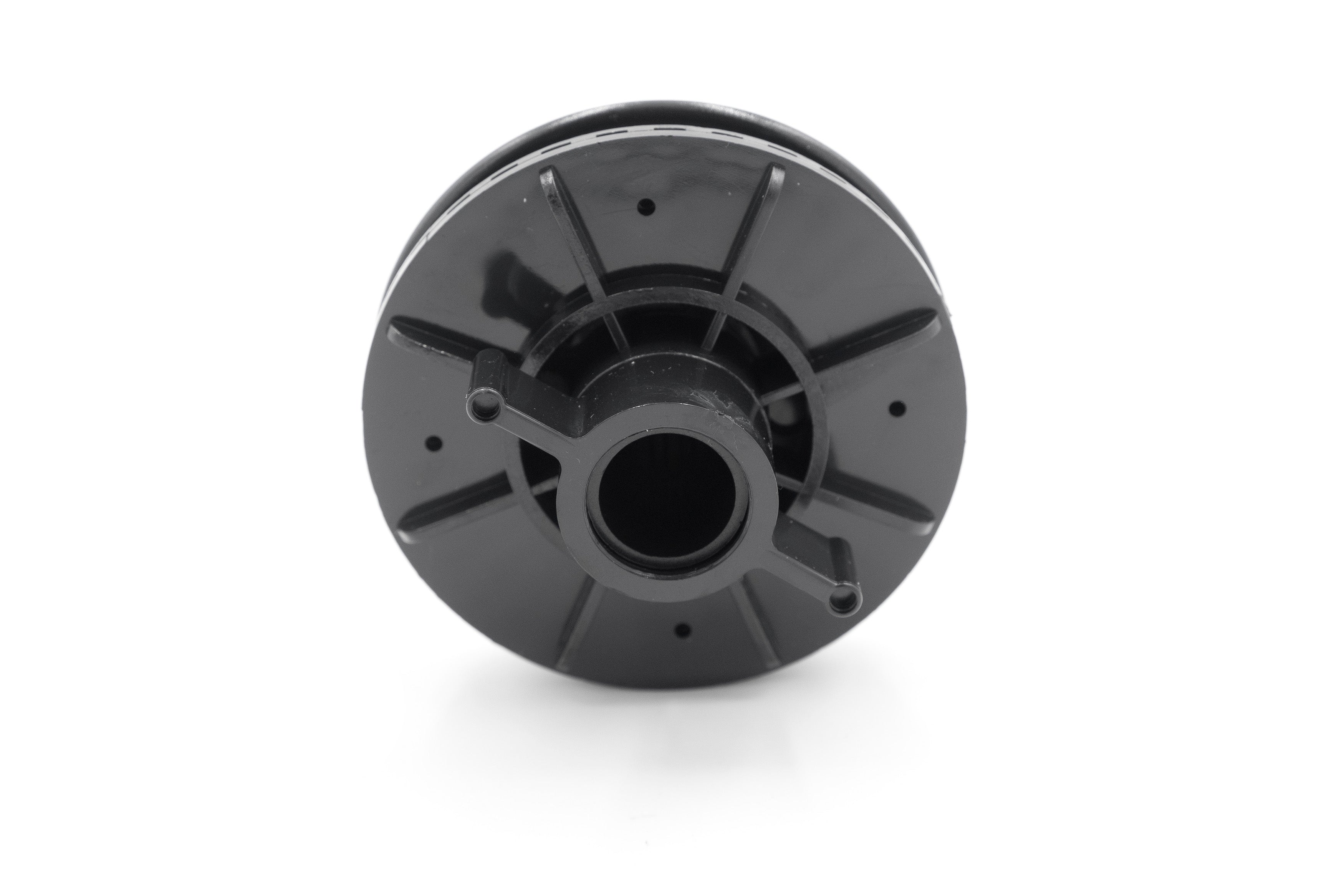 Black plastic cover vent with adjustable louver and central opening, designed for ventilation or air circulation.