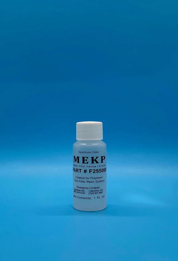 Small white bottle of MEKP gel coat catalyst hardener with label, used for polyester and vinyl ester resin systems.