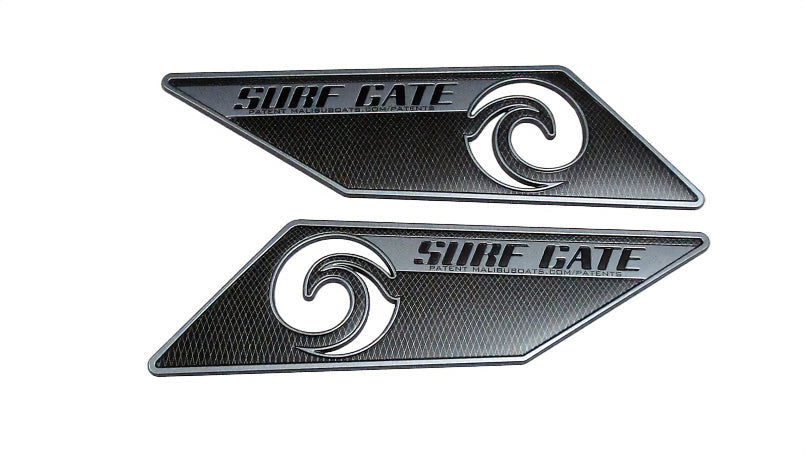 Axis Surf Gate Emblem Kit with black and silver design, featuring wave logo and "Surf Gate" text for boat customization.