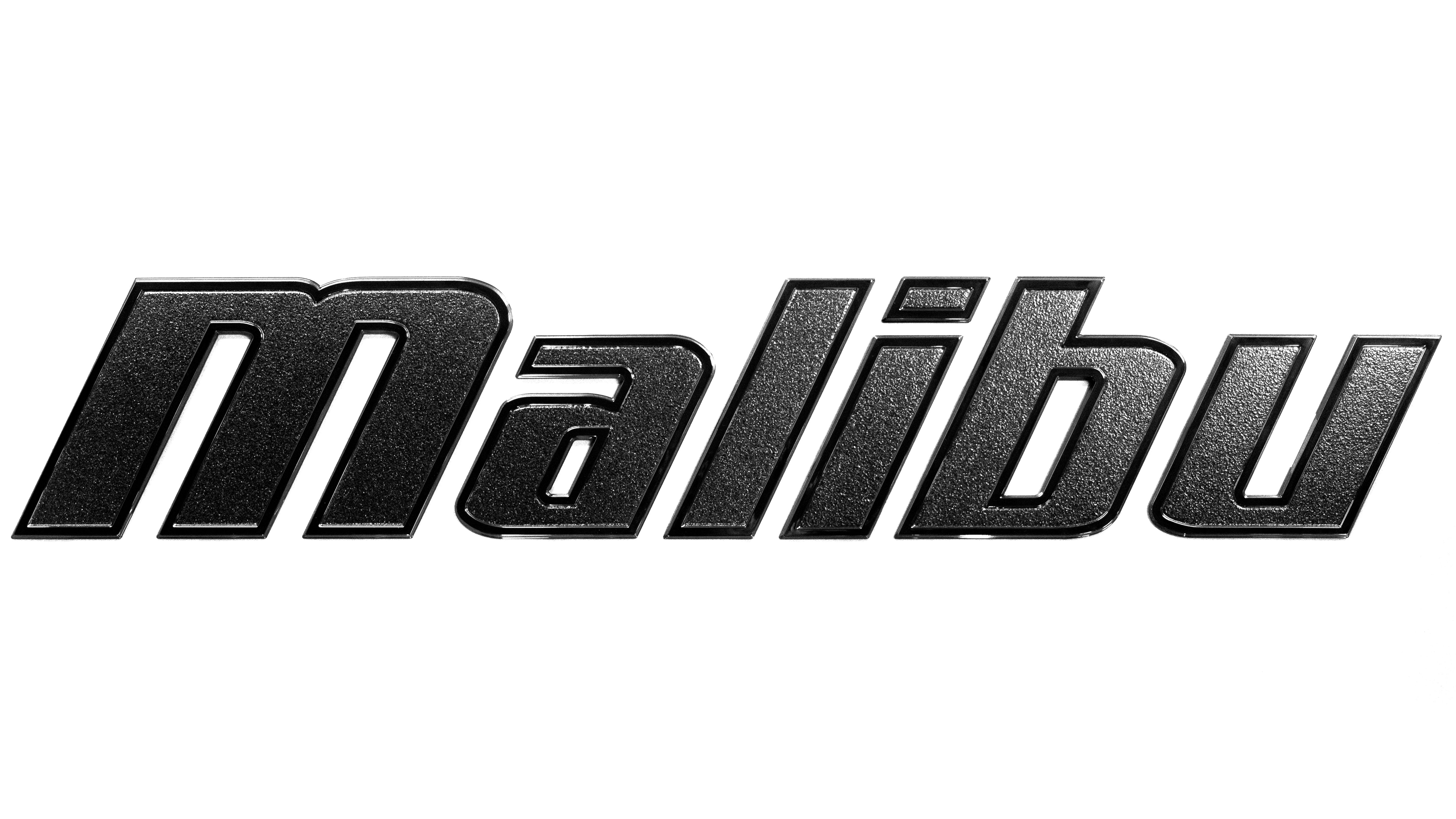 Black metallic "Malibu" emblem with a bold, slanted font and a textured finish on a white background.
