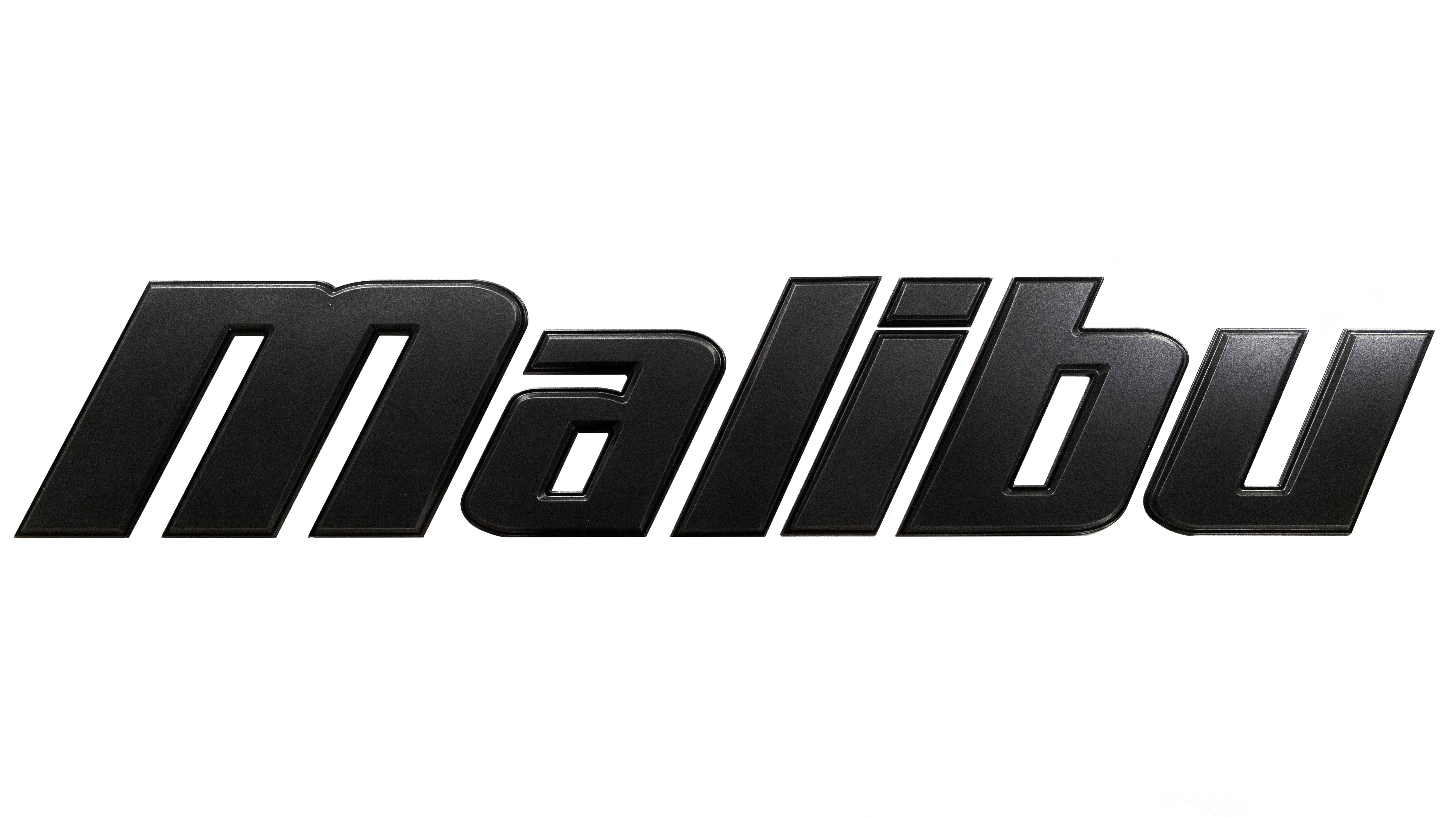 Emblem Malibu black-small logo with bold, black, stylized text on a white background.