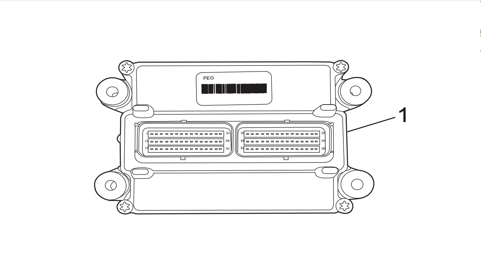 Line drawing of an engine control module with two connector ports, mounting points, and a label reading "PEG" on the inside.
