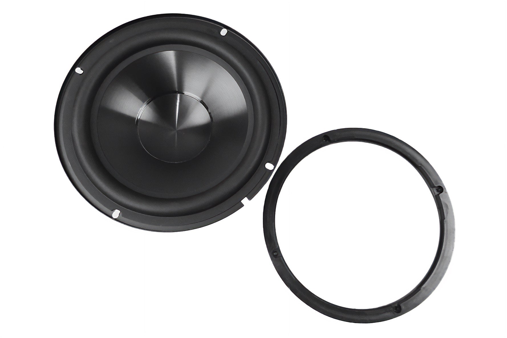Icon 8 speaker only, black circular speaker with mounting ring, isolated on white background.
