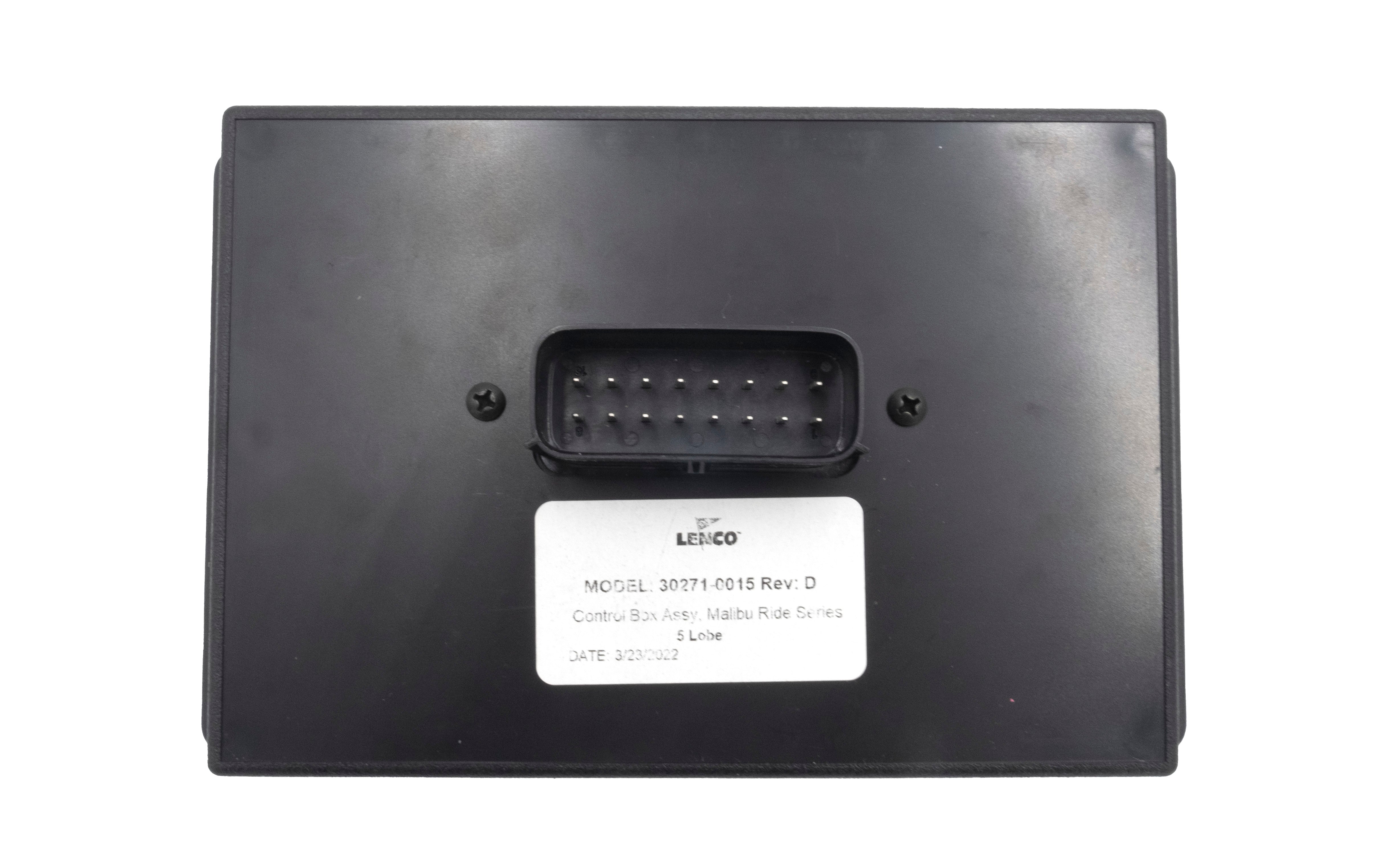 Control box with a 5-pole power wedge, non-mux, black rectangular enclosure with a connector port and label details.