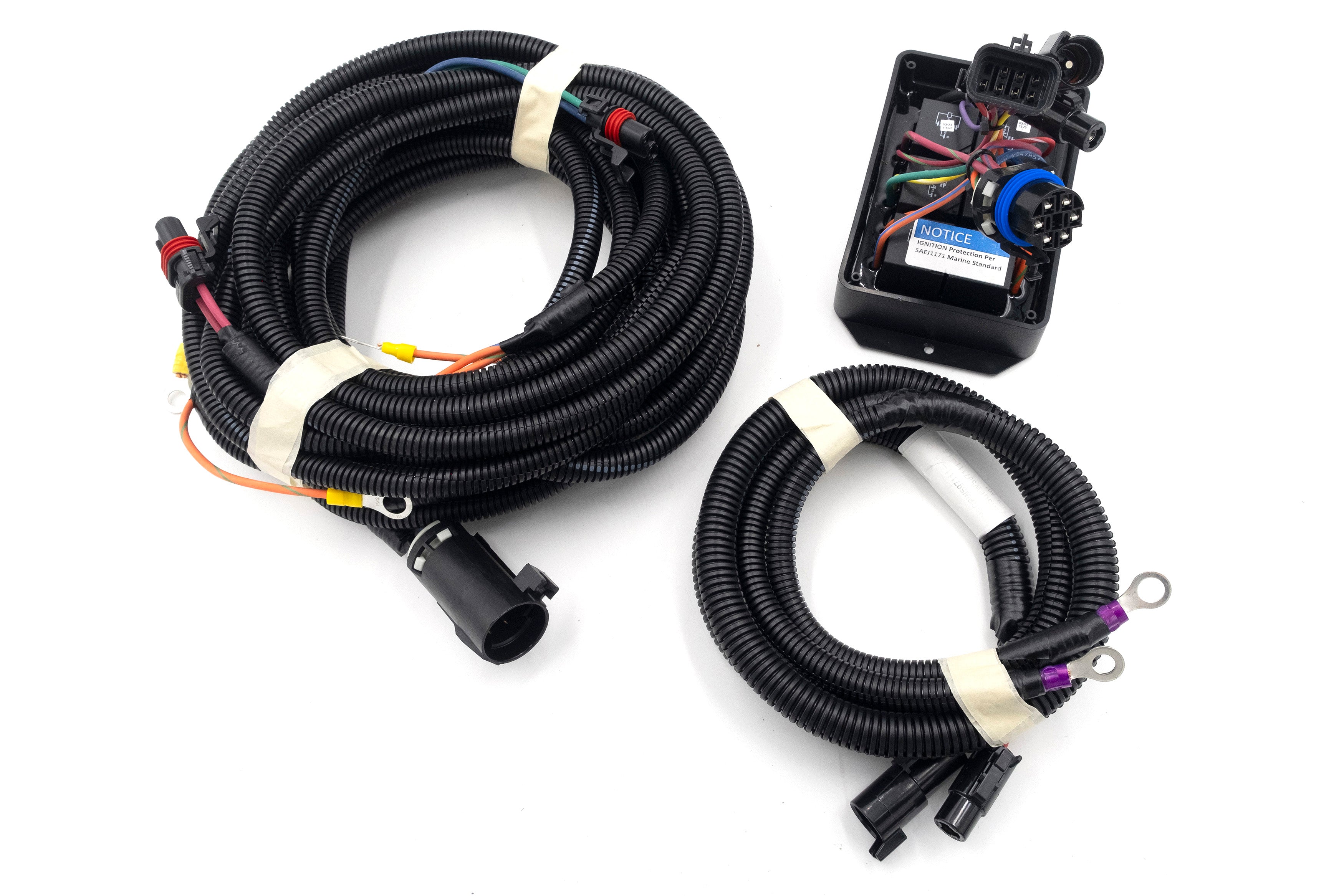 Six-pack relay module kit with wiring harnesses and control box for Power Wedge/Surf Gate systems.