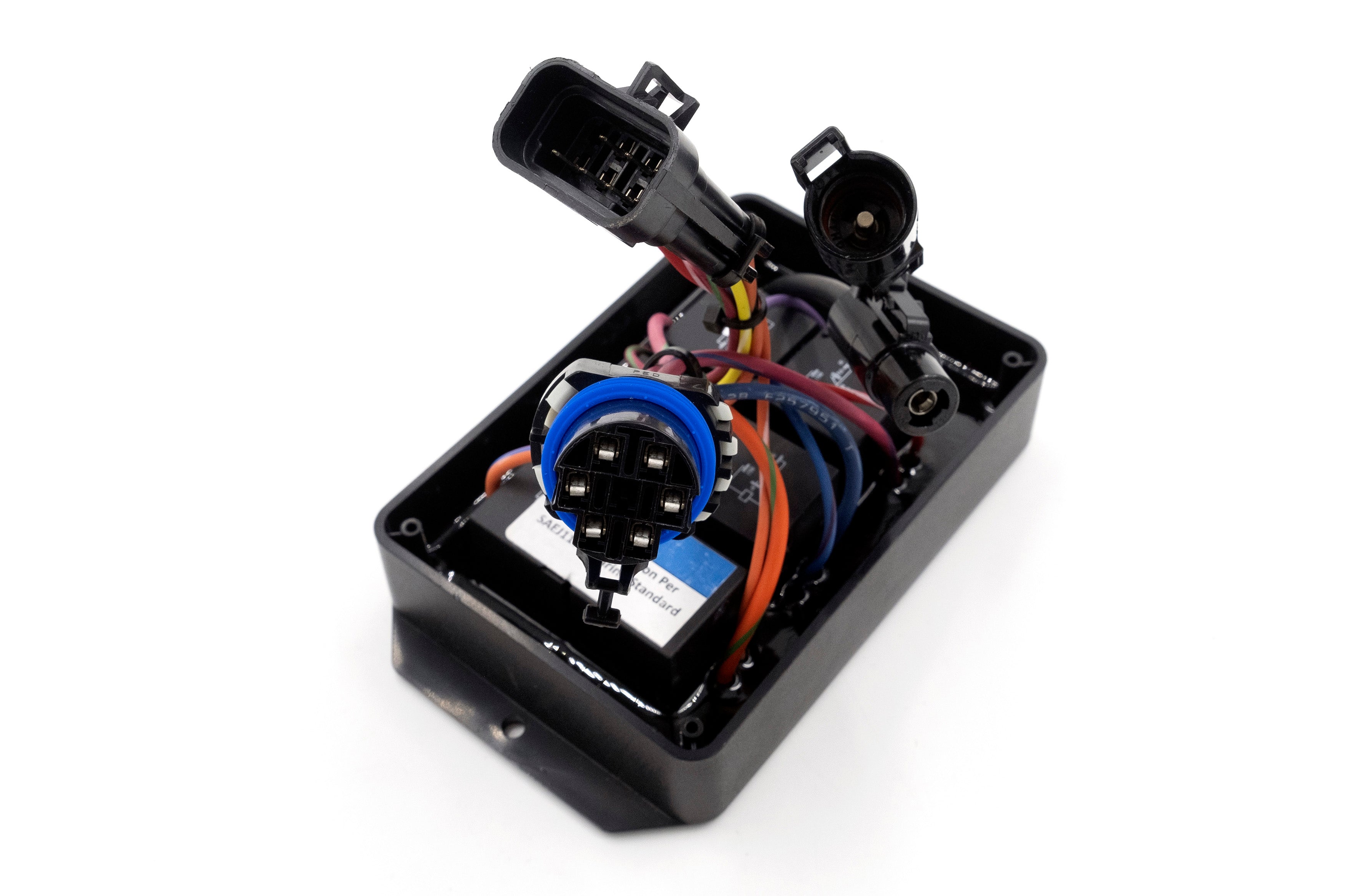 Power Wedge/Surf Gate 6-pack relay module with multiple wiring connectors inside a black plastic enclosure.
