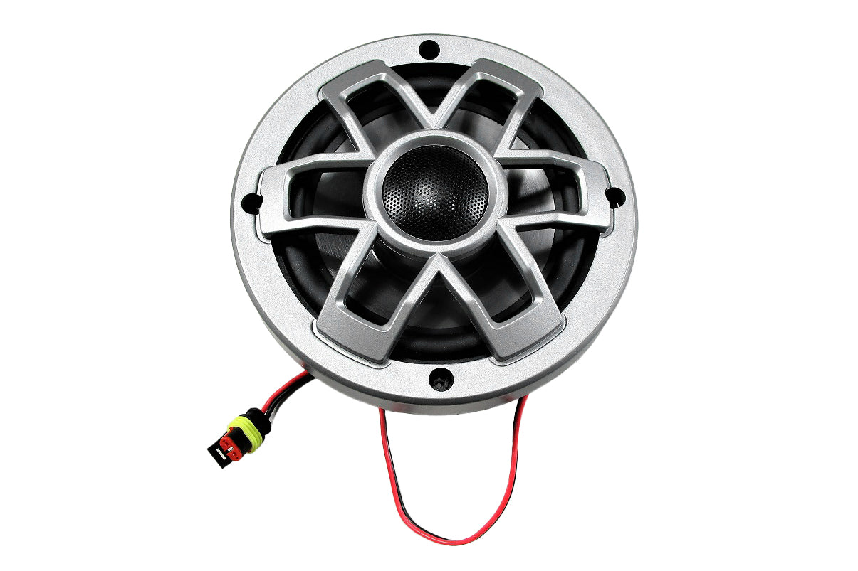 Universal 6.5-inch Wet Sound interior speaker with a black cone, silver frame, and red and black wiring for marine audio use.