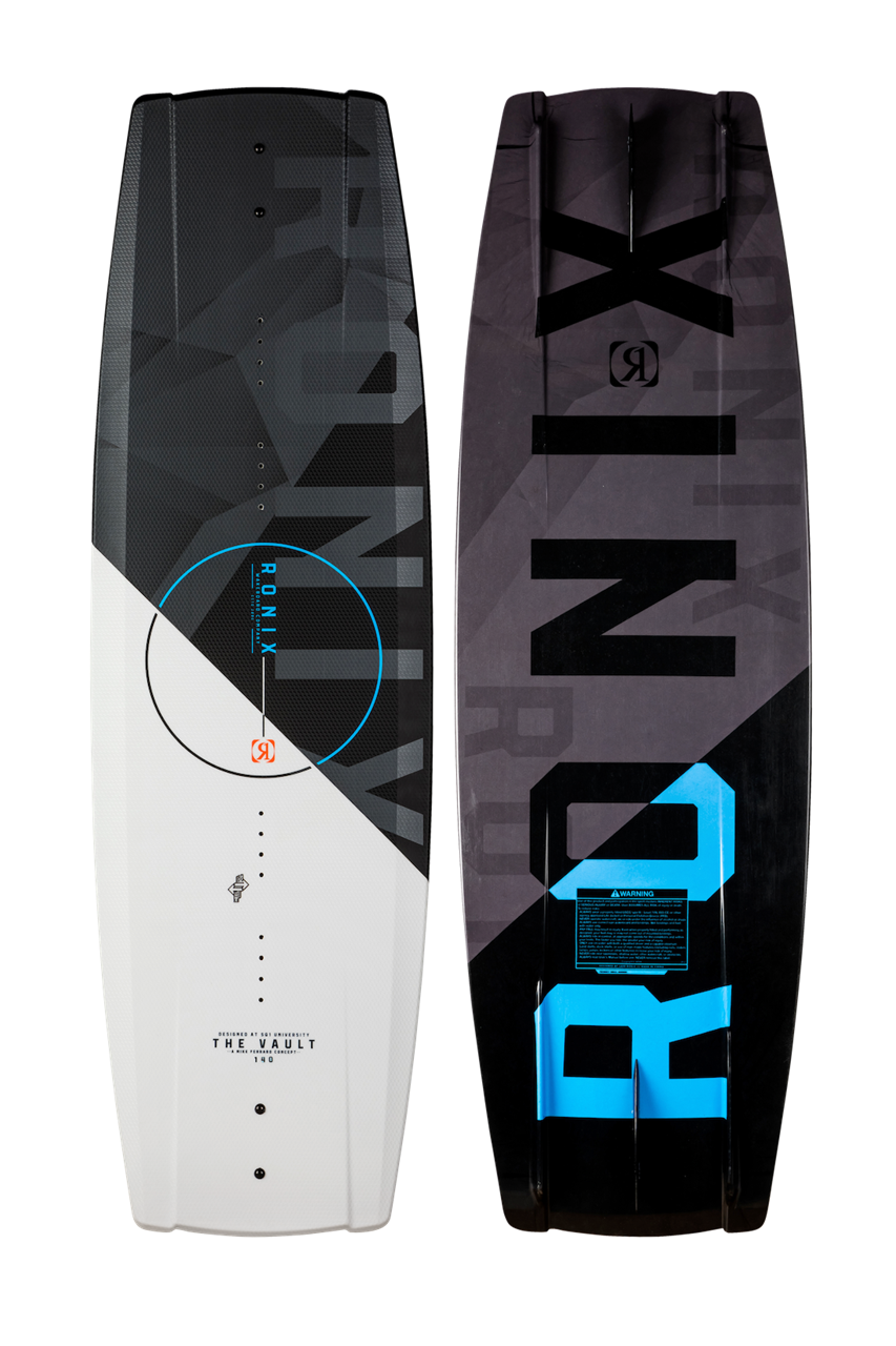 2025 Ronix Vault wakeboard with black, white, and blue graphics, featuring a sleek design and bold branding.