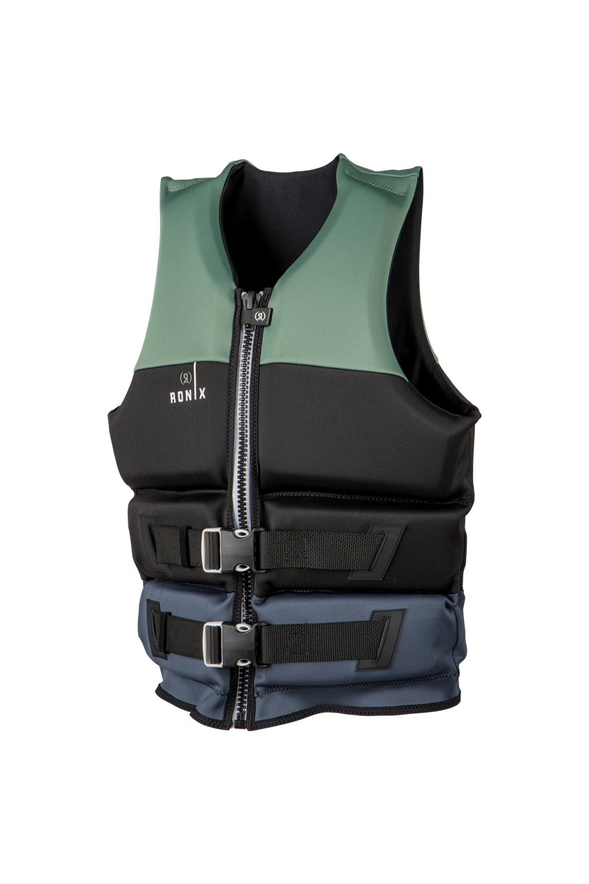 2025 Ronix Avalon women's Yes vest, a black and green life jacket with adjustable straps and front zipper.