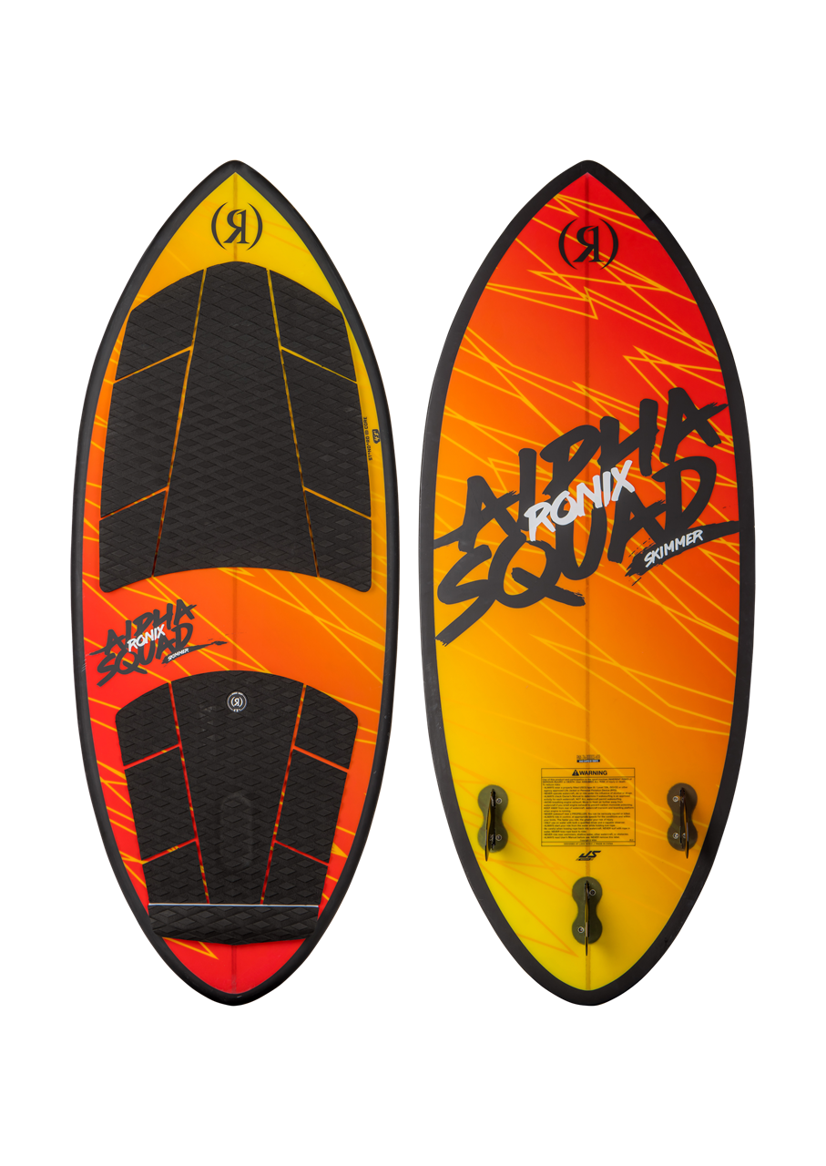 2025 Ronix Standard Core Alpha Squad Skimmer Surf Board with vibrant yellow and red design, traction pads, and foot straps.