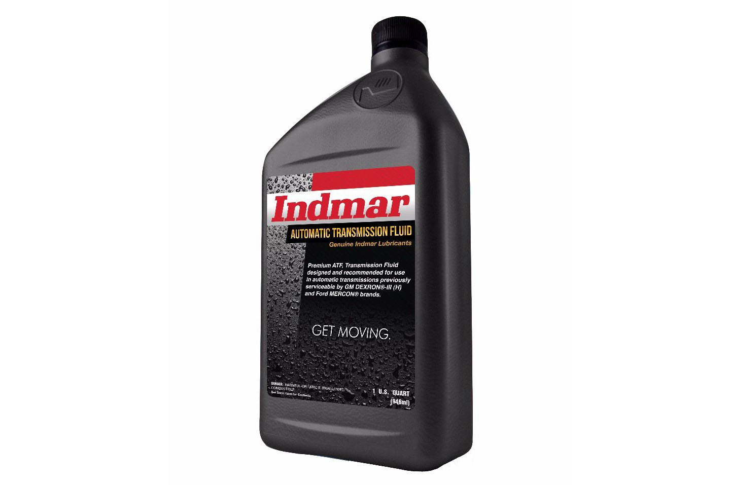 Black quart bottle of Indmar Dex/Merc ATF automatic transmission fluid with red, white, and black label.