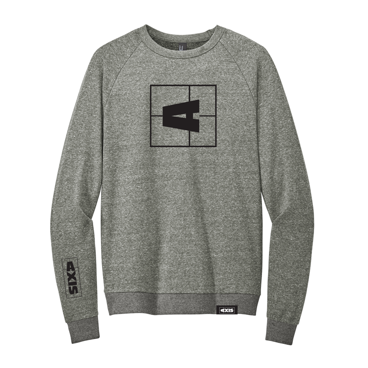Gray Axis Tri Fleece Crew Sweatshirt with black logo print on front, sleeve, and hem, featuring a classic crewneck design.