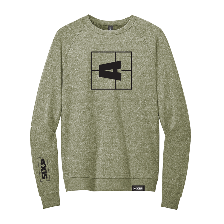 Olive green Axis Tri Fleece Crew Sweatshirt with black graphic logo on front and logo patch on hem, long sleeves, and crew neckline.