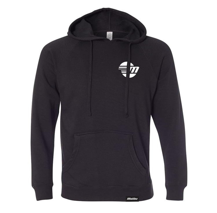Black Malibu hoodie with a white circular logo on the chest, front pocket, and "Malibu" text tag at the hem.