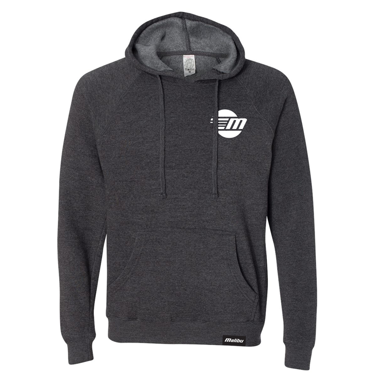 Dark gray Malibu hoodie with a front pocket, drawstrings, and a white logo on the chest. Features a small black Malibu tag at the hem.
