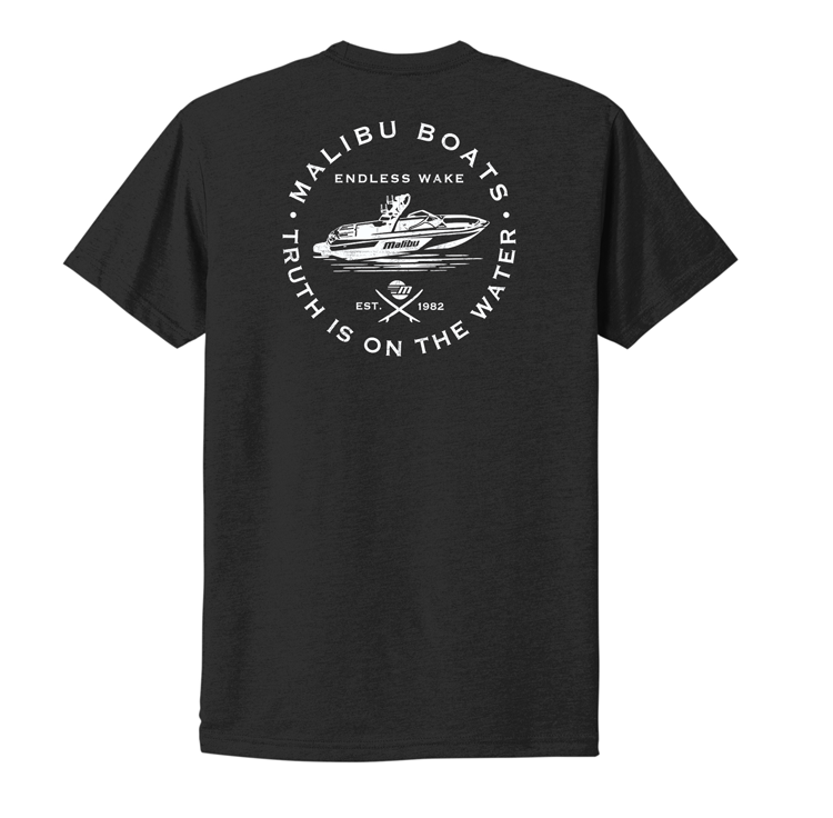 Black Malibu Endless Wake Tee featuring a white graphic of a boat, with the text "Malibu Boats," "Endless Wake," and "Truth is on the Water.