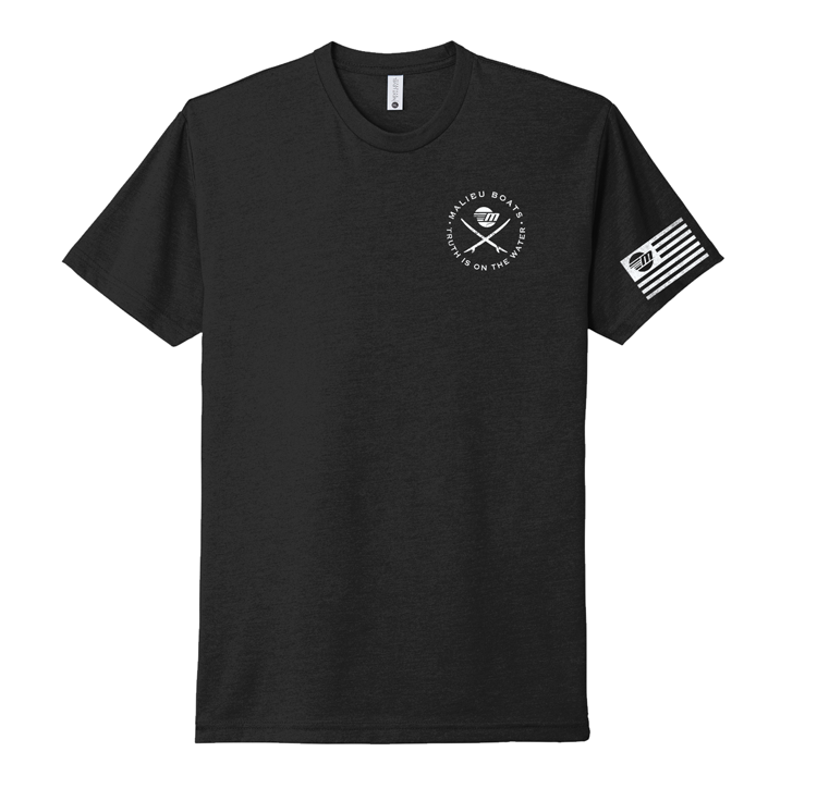 Black Malibu Endless Wake T-shirt with white logo and flag design, featuring a boat, paddle, and the slogan "Truth is on the Water.