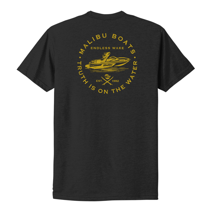 Black Malibu Endless Wake Tee featuring a yellow graphic of a speedboat, with text "Malibu Boats" and "Truth is on the Water.