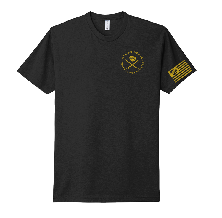 Black Malibu Endless Wake Tee with yellow logo and text, featuring a small emblem on the chest and a striped design on the sleeve.