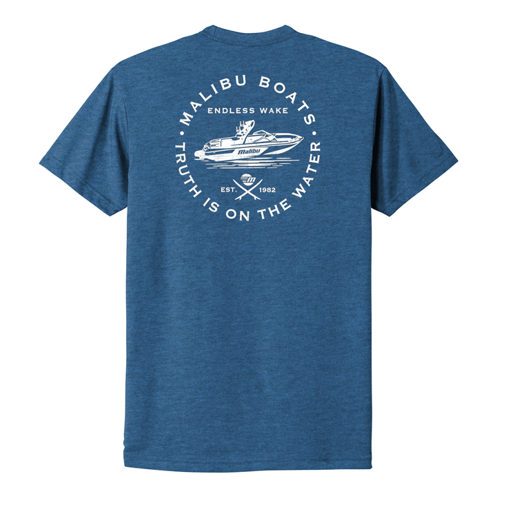 Blue Malibu Endless Wake Tee (Tall) with boat graphic and text "Truth is on the water" on the back.