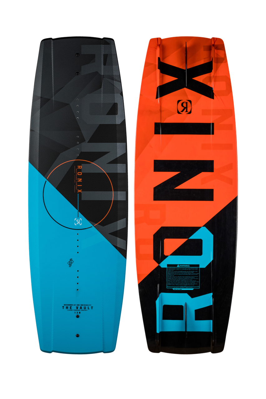 2025 Ronix Vault Kid's Wakeboard with vibrant orange, black, and blue design, featuring durable construction and adjustable bindings.