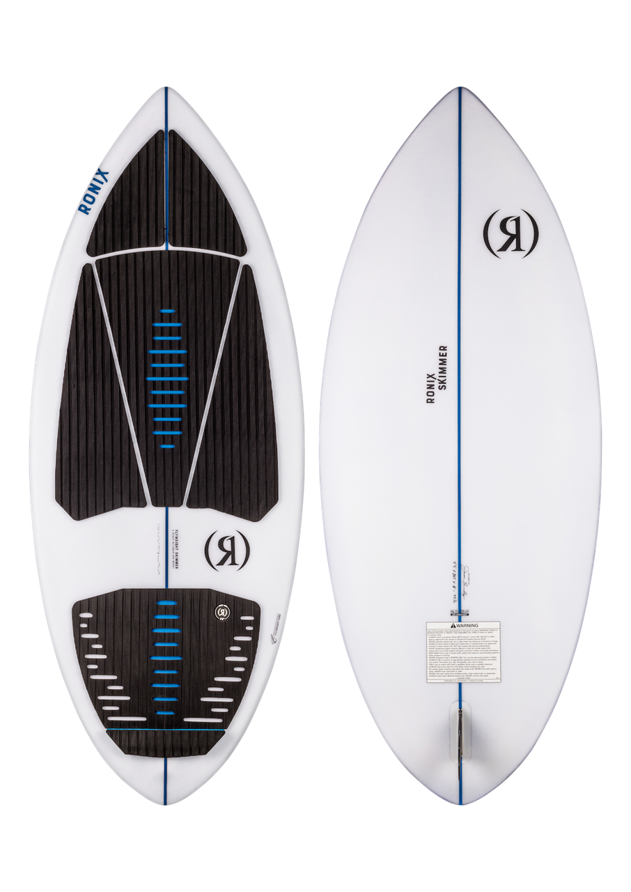 2025 Ronix Flyweight Skimmer surfboard with black traction pads, white deck, and blue accents, designed for lightweight surfing.