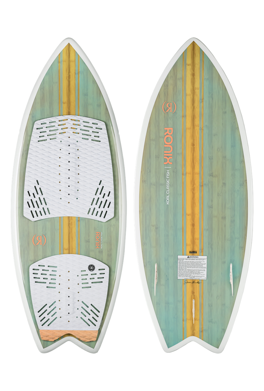 2025 Ronix Women's Koal Classic Fish surfboard with a woodgrain finish, yellow stripe, and traction pads for women surfers.