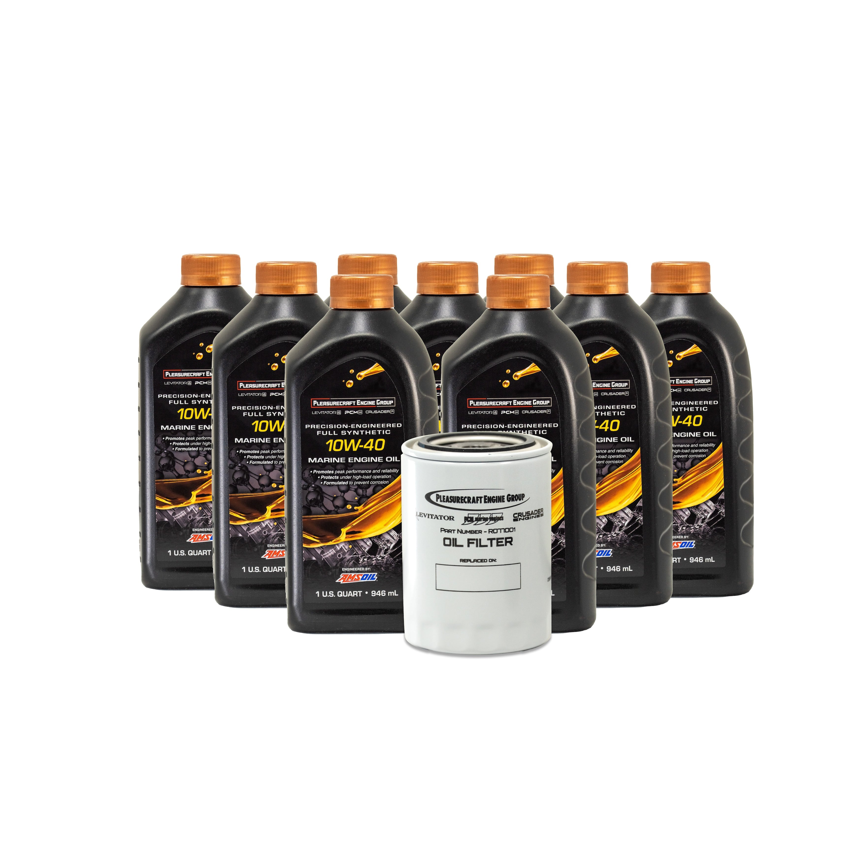 PCM Oil Service Kit with eight 1-quart bottles of 10W-40 marine engine oil and a white oil filter.