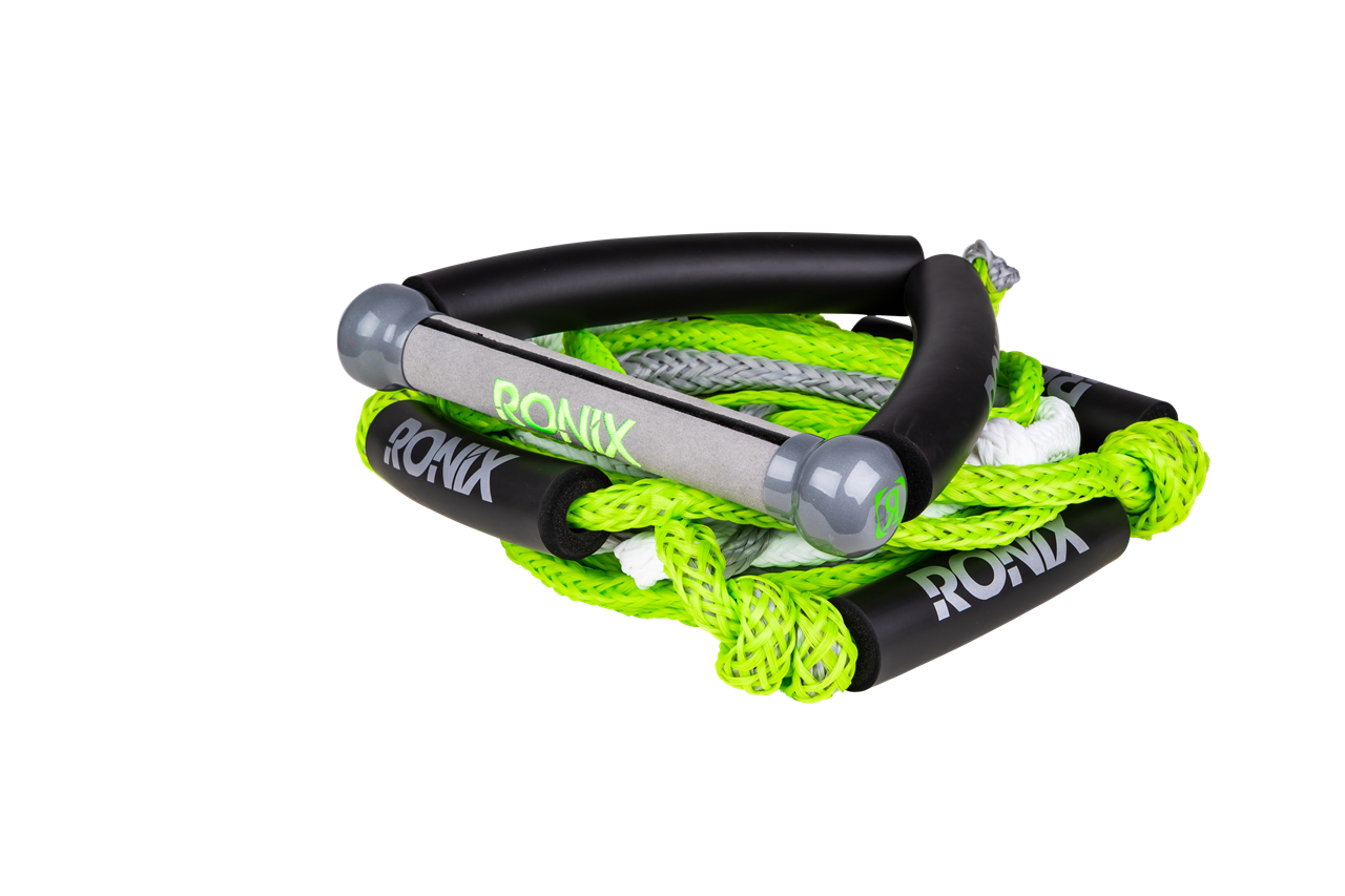 2025 Ronix Bungee Surf Rope with handle, neon green and gray braided rope for water sports, compact and durable design.