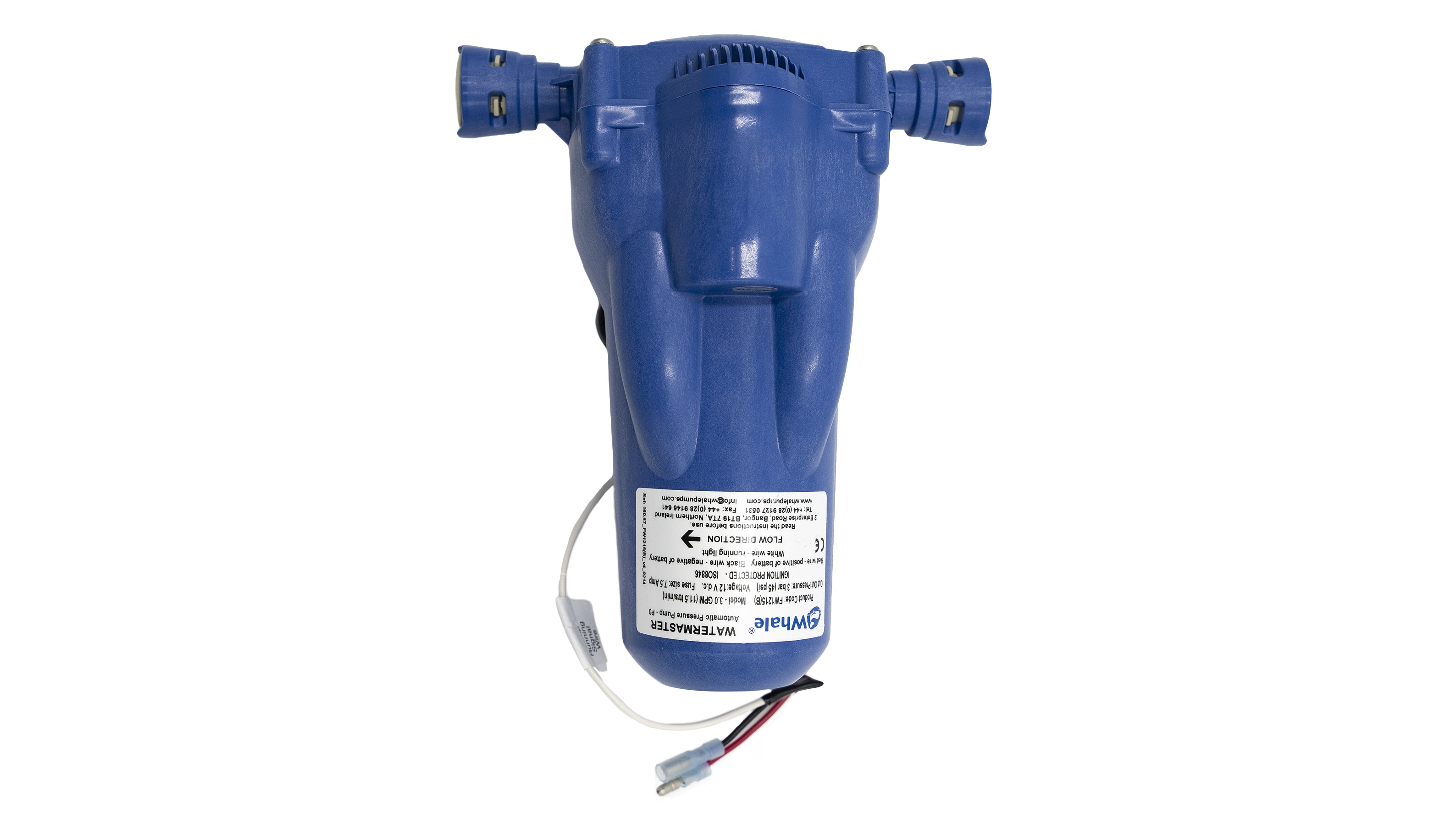 Blue shower pump with inlet and outlet connections, designed to boost water pressure for showers.