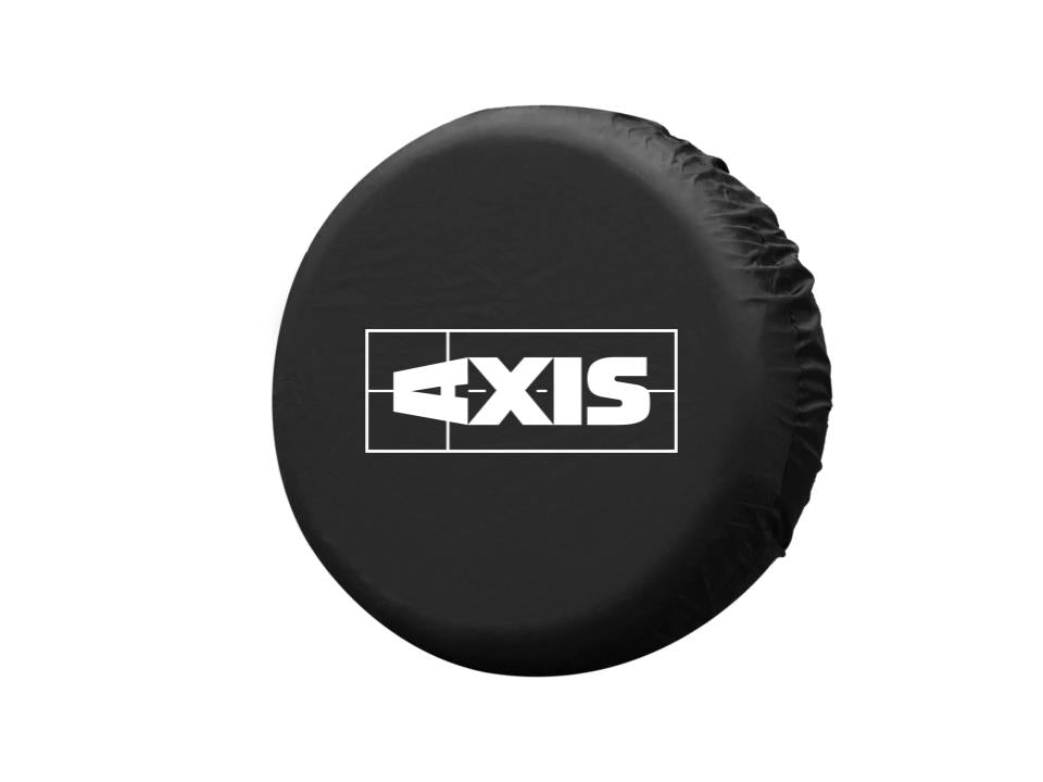 Black spare tire cover with the white AXIS logo, designed to protect and enhance the appearance of vehicle spare tires.