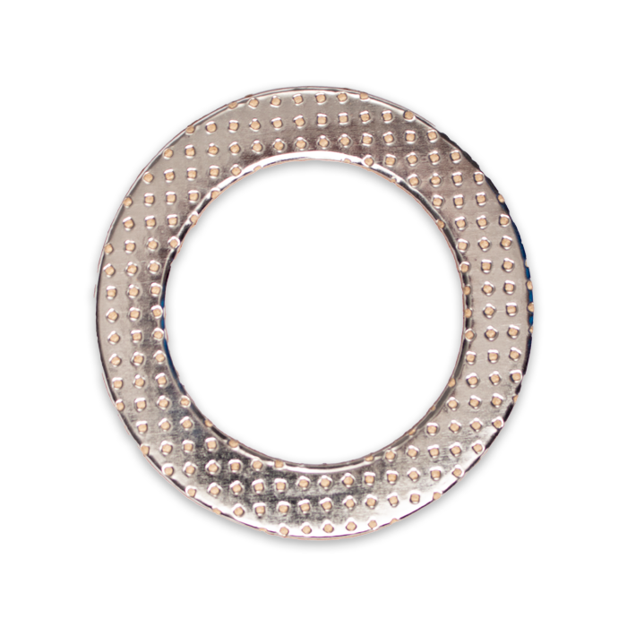 Armored exhaust elbow gasket, metallic ring with textured surface, used for sealing exhaust connections in automotive systems.