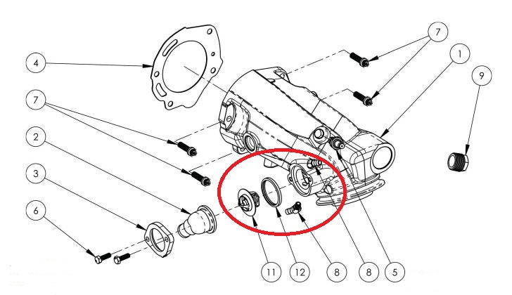 Diagram of a thermostat assembly for exhaust elbow M-Series/LT4, featuring a 140°F thermostat and related components.